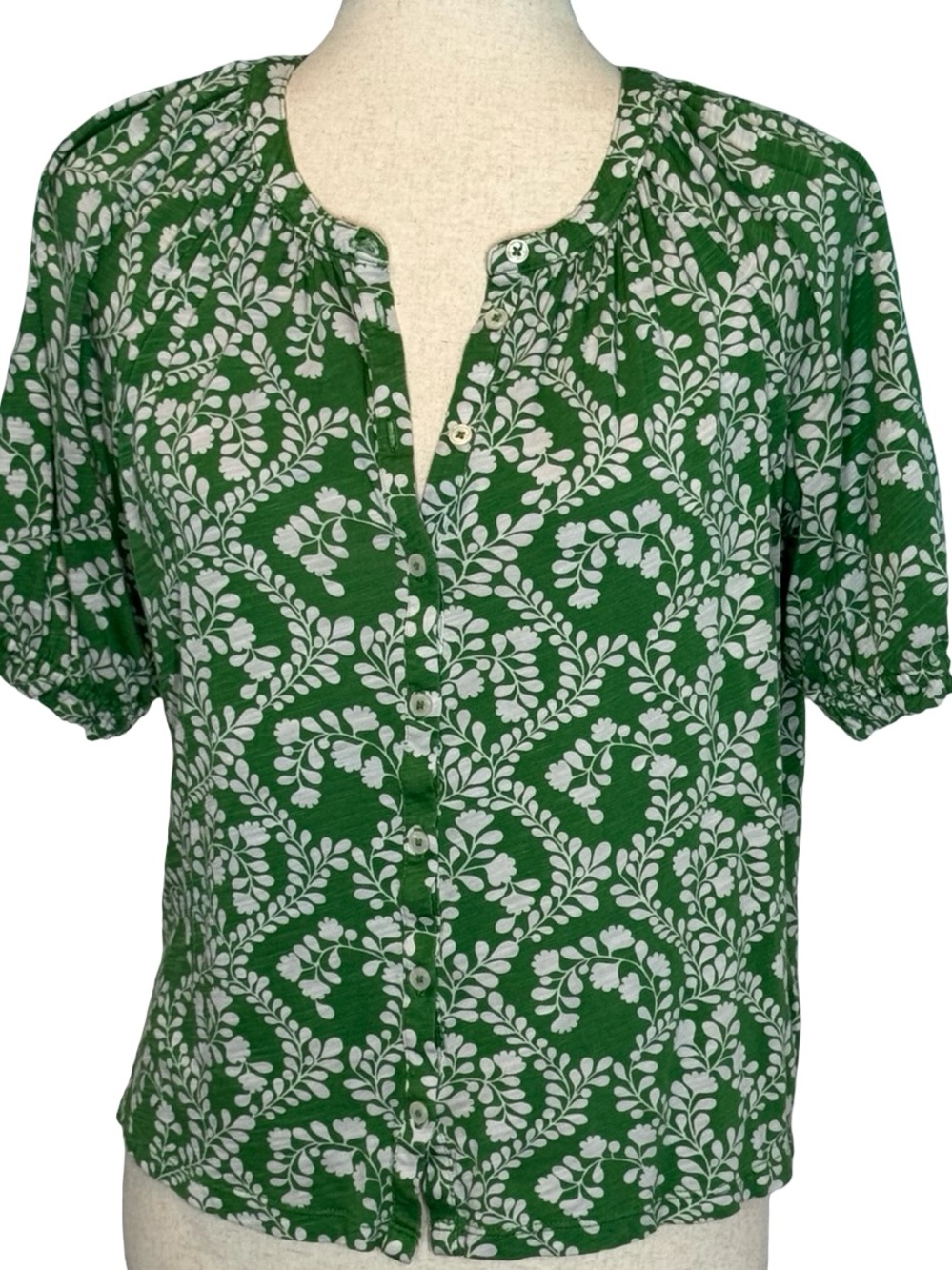 Boden Cotton Green and White Printed Button-Front Short Sleeve Blouse